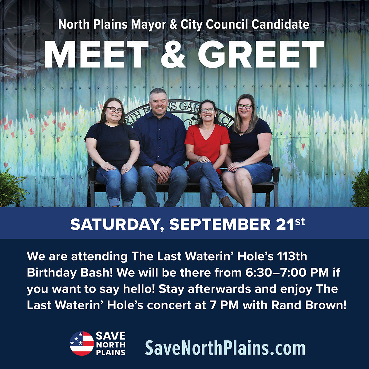 Save North Plains Events — Vote for "The 4" Meet and Greet. Ariel Goodwin for North Plains Mayor, Aaron Dumbrow, Mandy Hagedorn, and Katie Reding for North Plains City Council. 