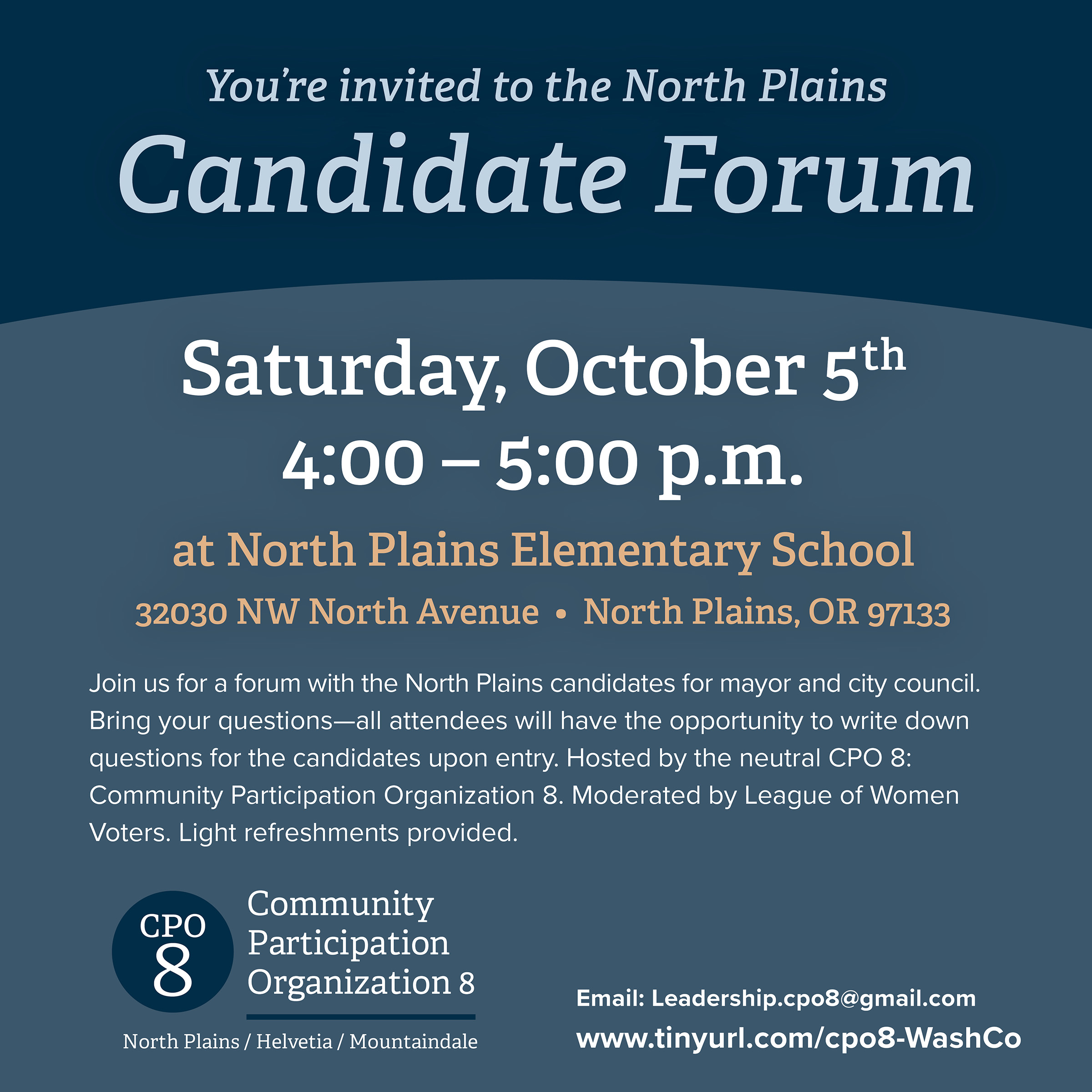 Save North Plains Events — Vote for "The 4" Meet and Greet. Ariel Goodwin for North Plains Mayor, Aaron Dumbrow, Mandy Hagedorn, and Katie Reding for North Plains City Council. 